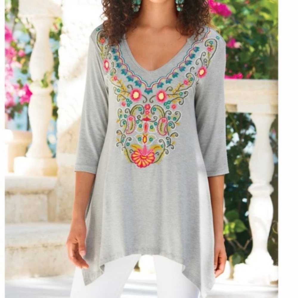 Soft Surroundings Adora Gray Embroidered Jersey Knit Tunic Size Medium
